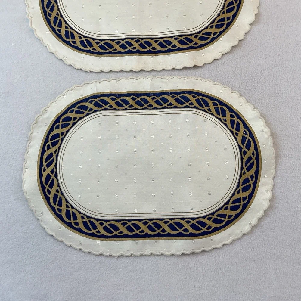 Lenox Hamilton Oval Placemats Cloth Set Of 2 Ivory Gold Navy Blue Vintage Lot #6